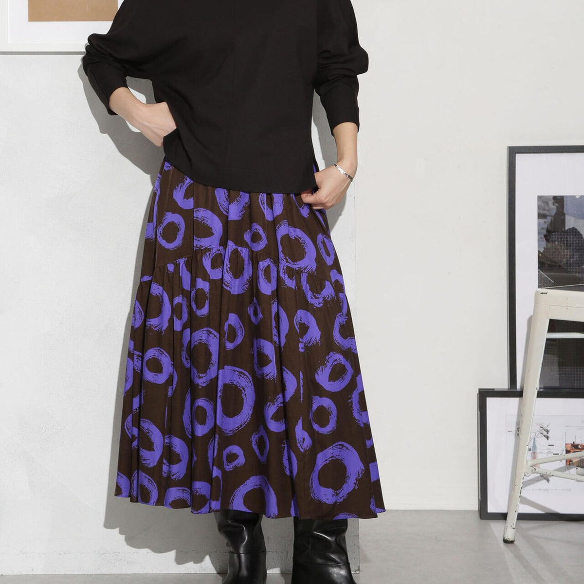 キュプラコットン サークルプリントギャザースカート(セットアップ可)