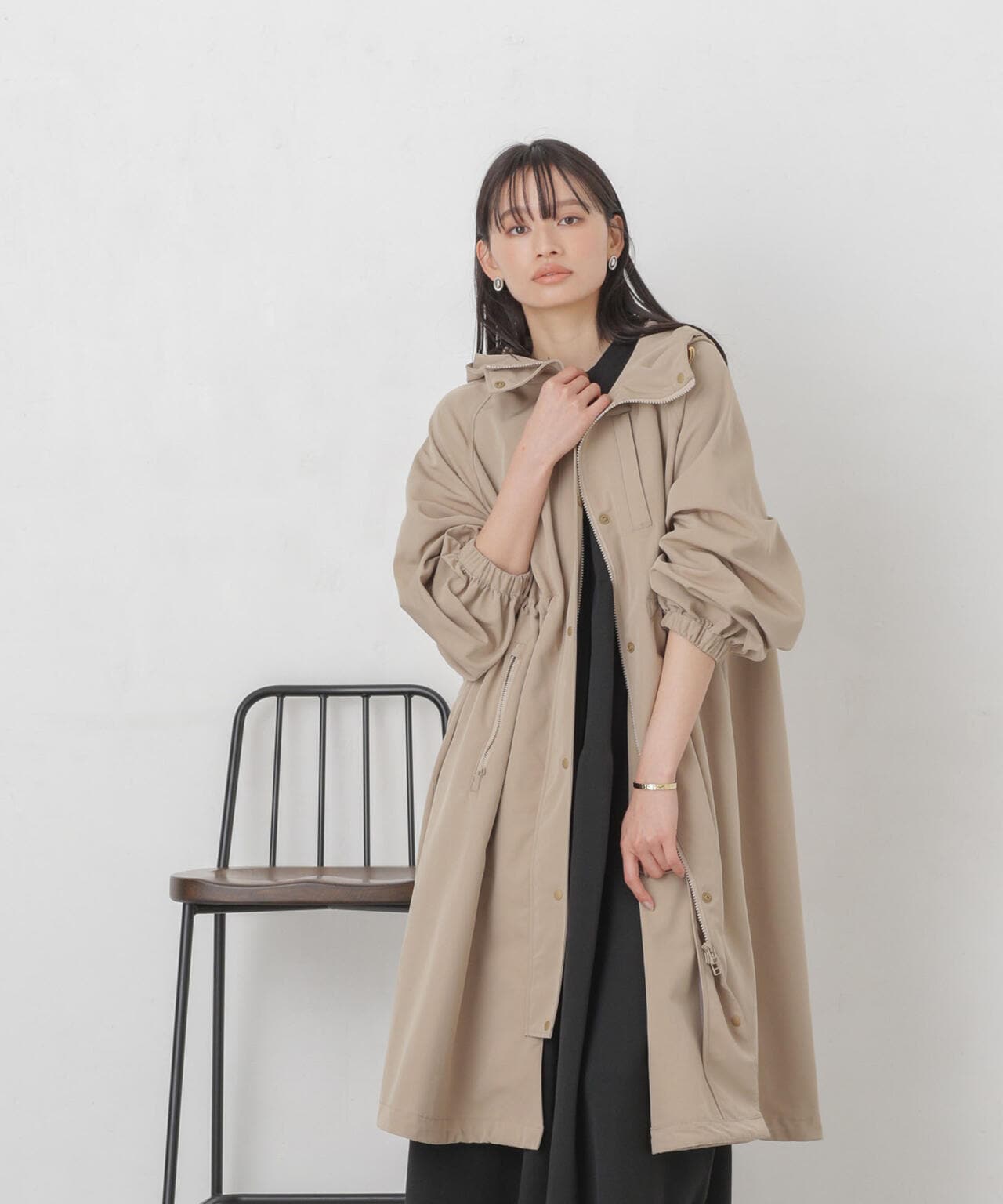 【美品】ナノユニバース　ウールコート　フード付き　グレー　F1108 PURE LAMBS リバー ロングコート