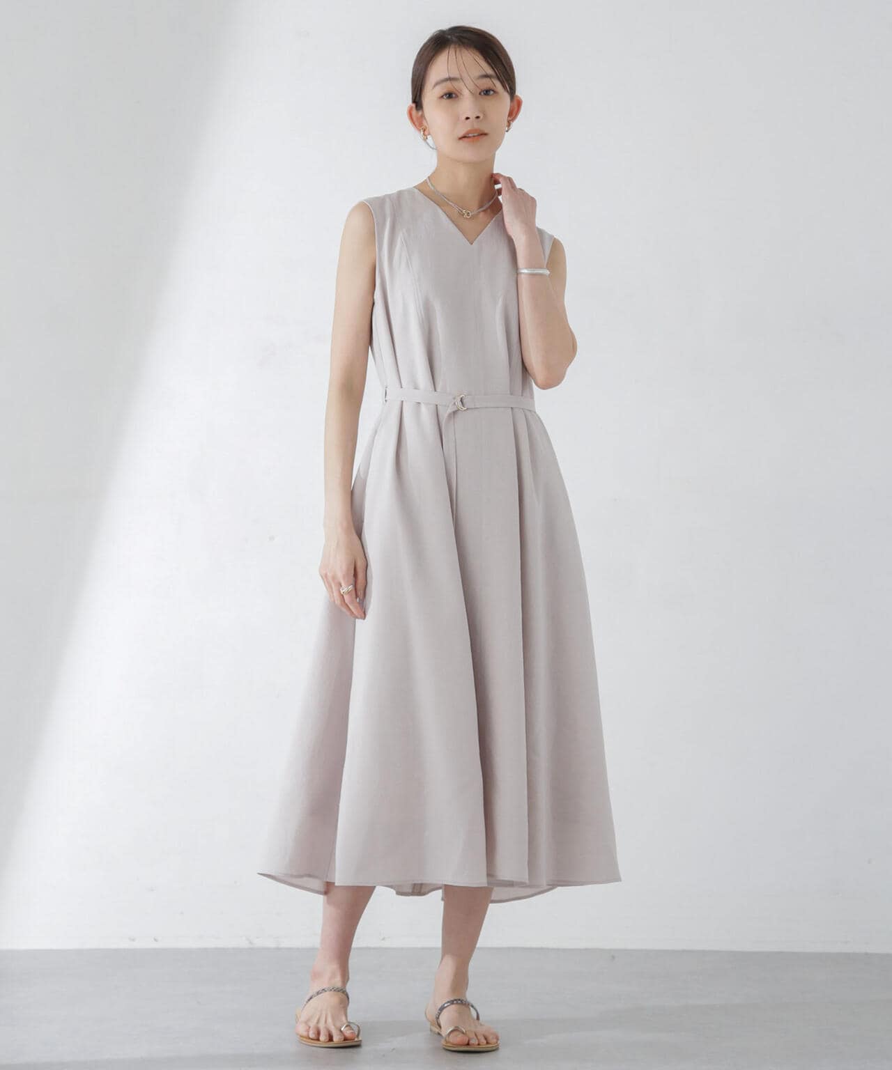 <洗濯機使用可><ノンアイロン>メランジドライ ベルト付きワンピース 6694119305