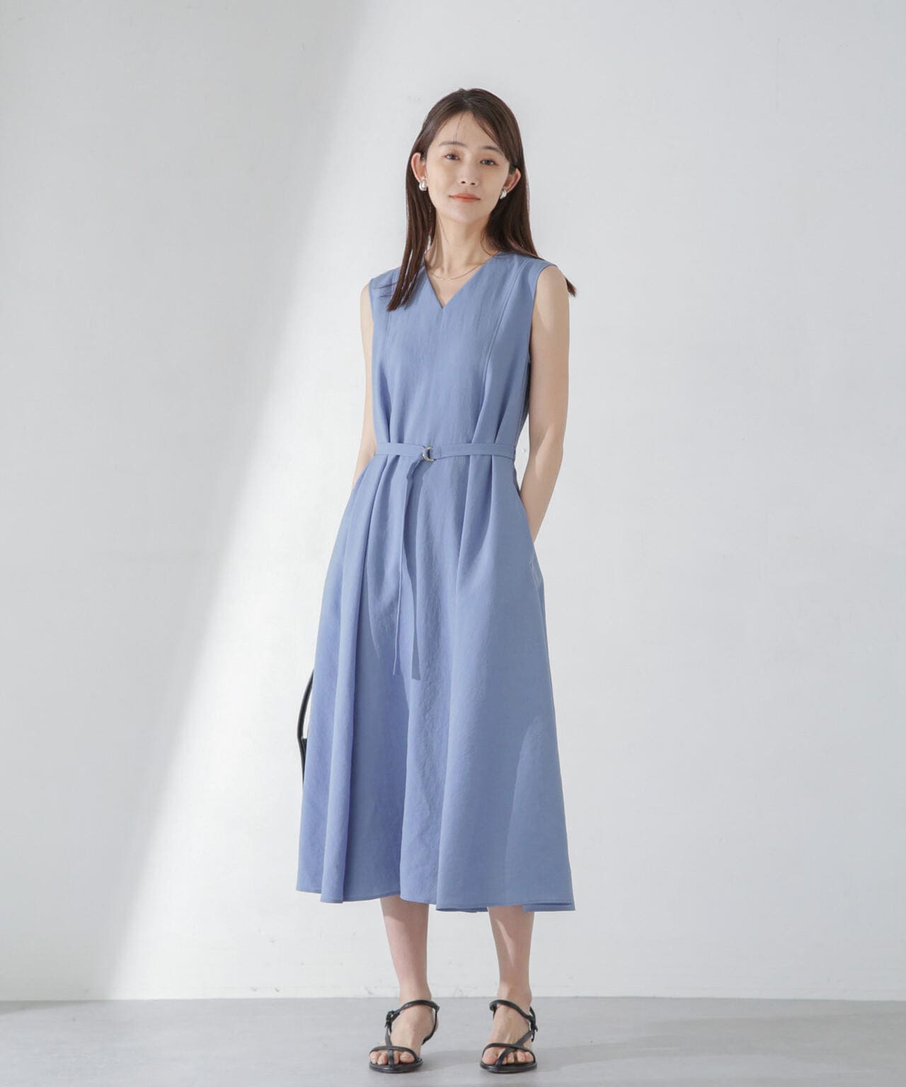 <洗濯機使用可><ノンアイロン>メランジドライ ベルト付きワンピース 6694119305