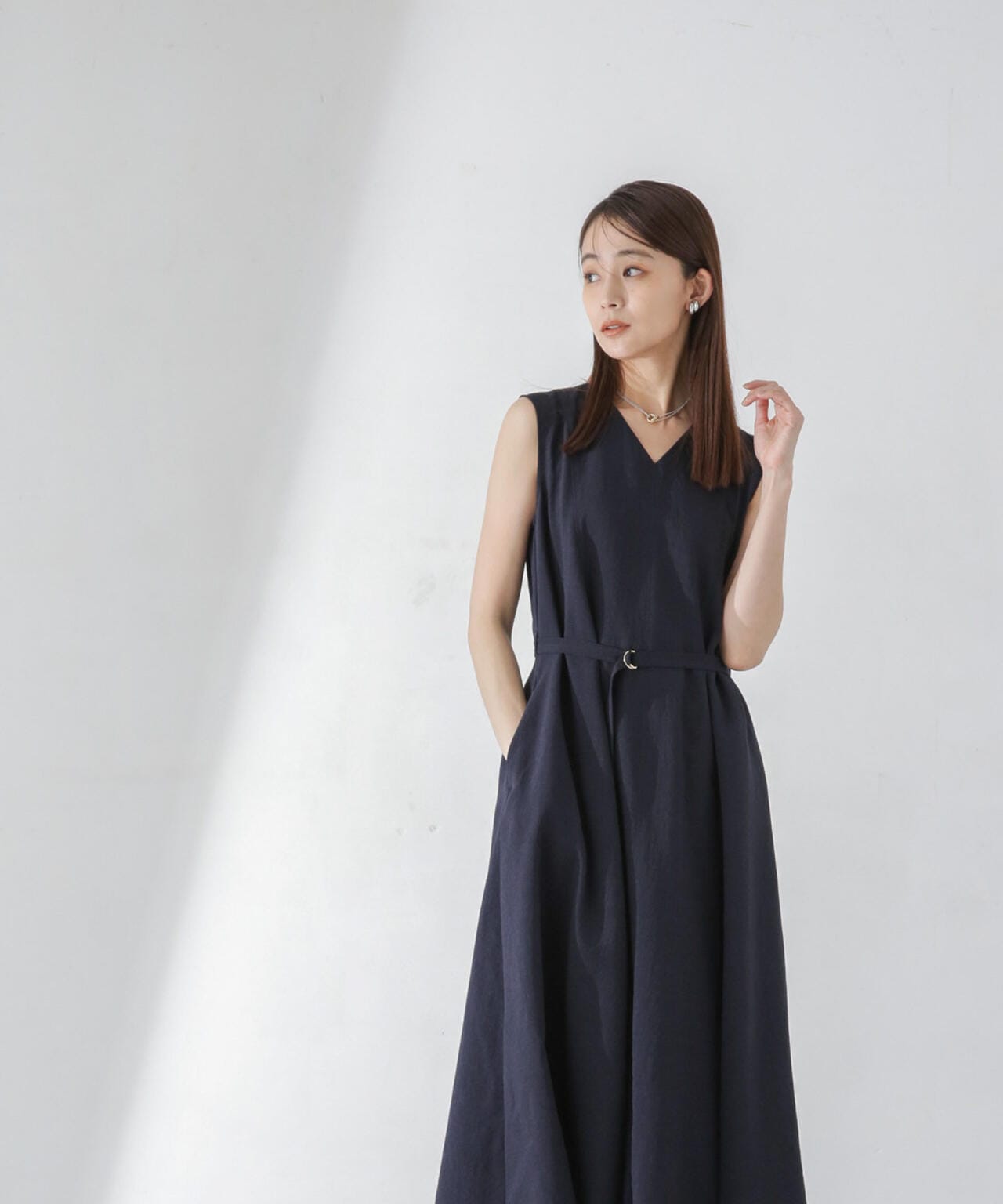 <洗濯機使用可><ノンアイロン>メランジドライ ベルト付きワンピース 6694119305