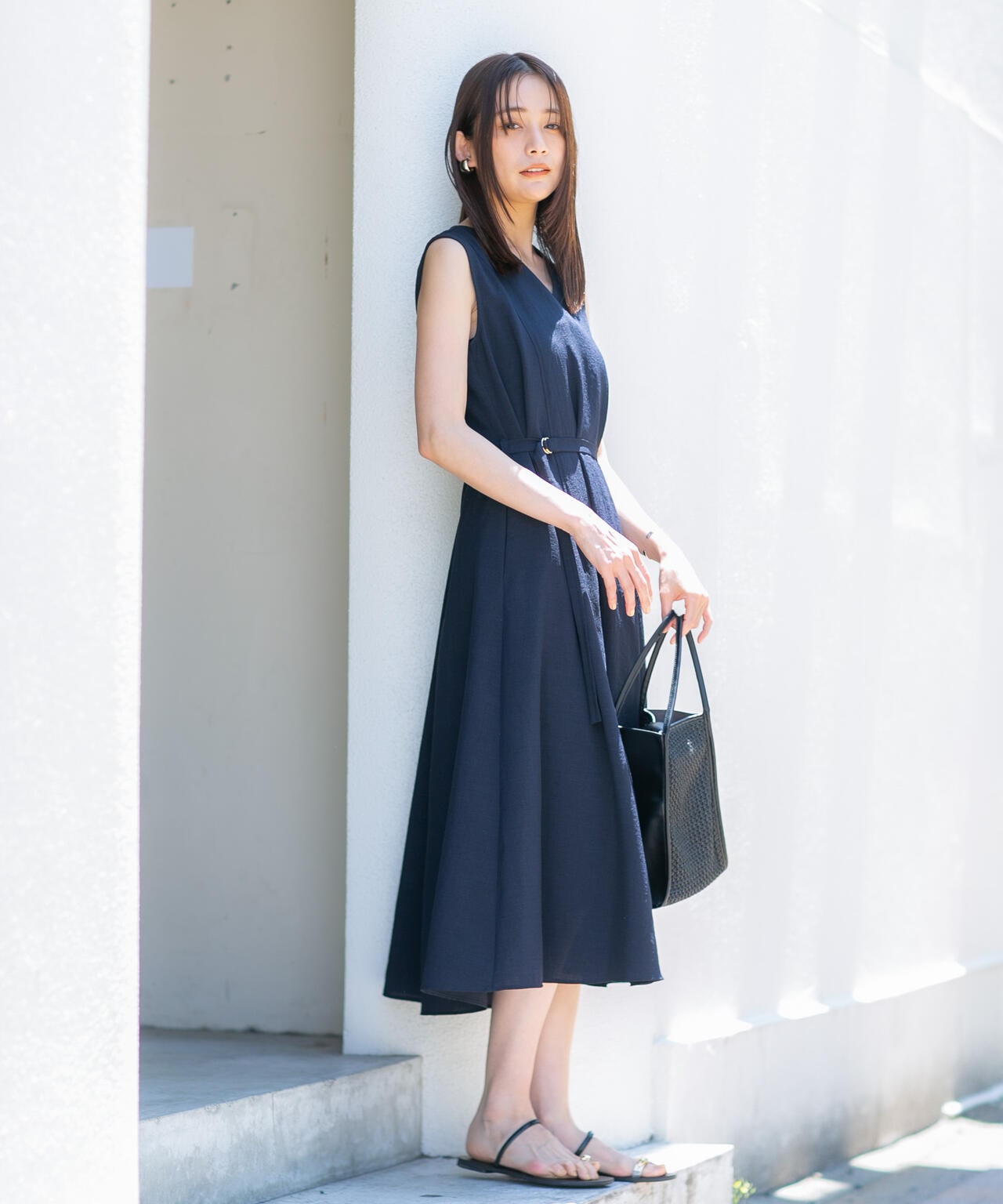 <洗濯機使用可><ノンアイロン>メランジドライ ベルト付きワンピース 6694119305