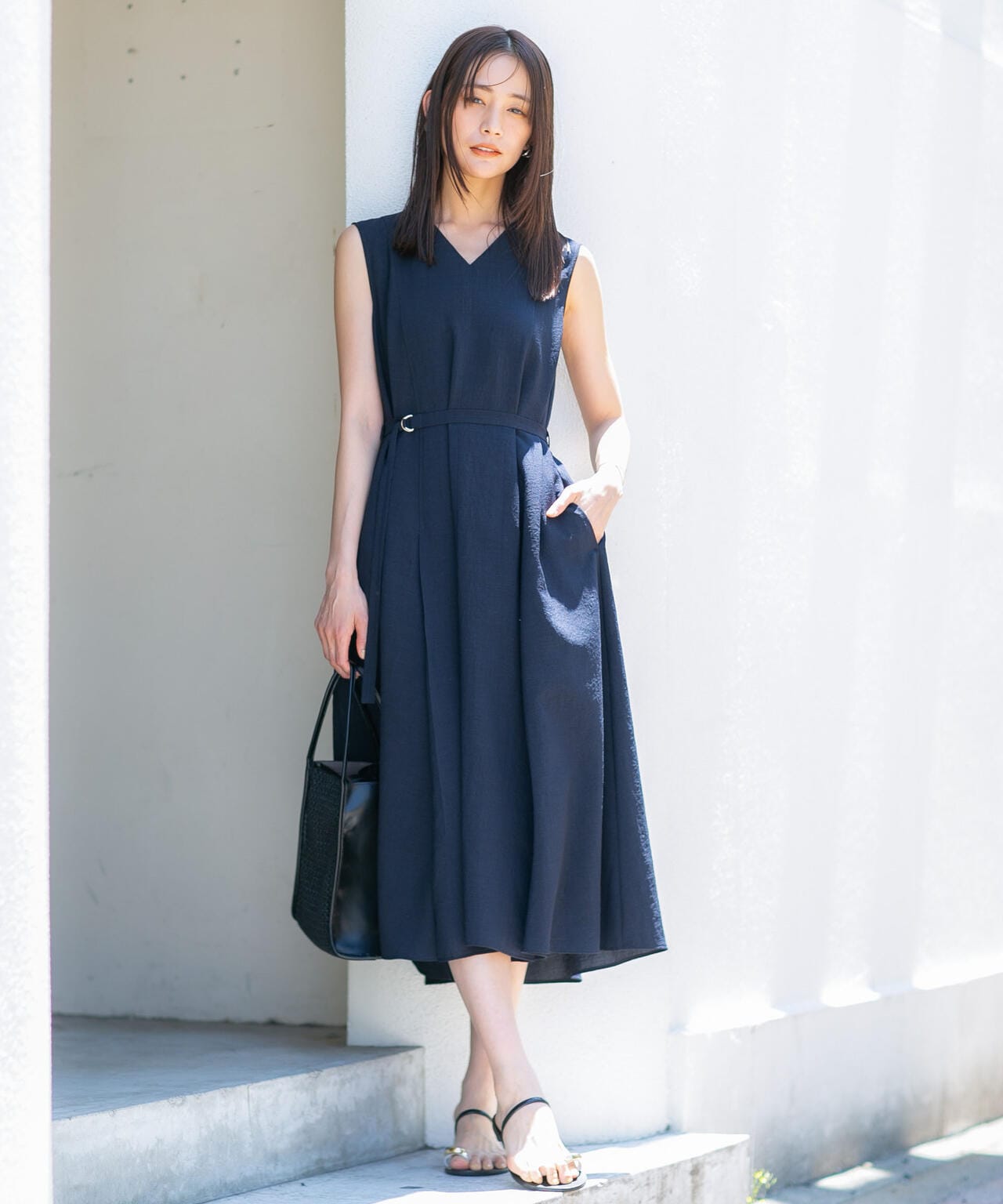 <洗濯機使用可><ノンアイロン>メランジドライ ベルト付きワンピース 6694119305