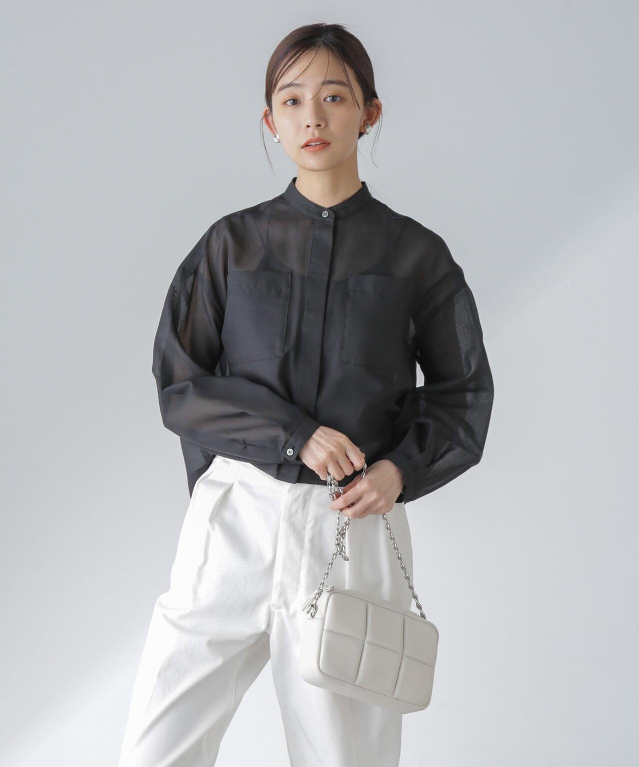 タック スリーブ シアー ポケット シャツ