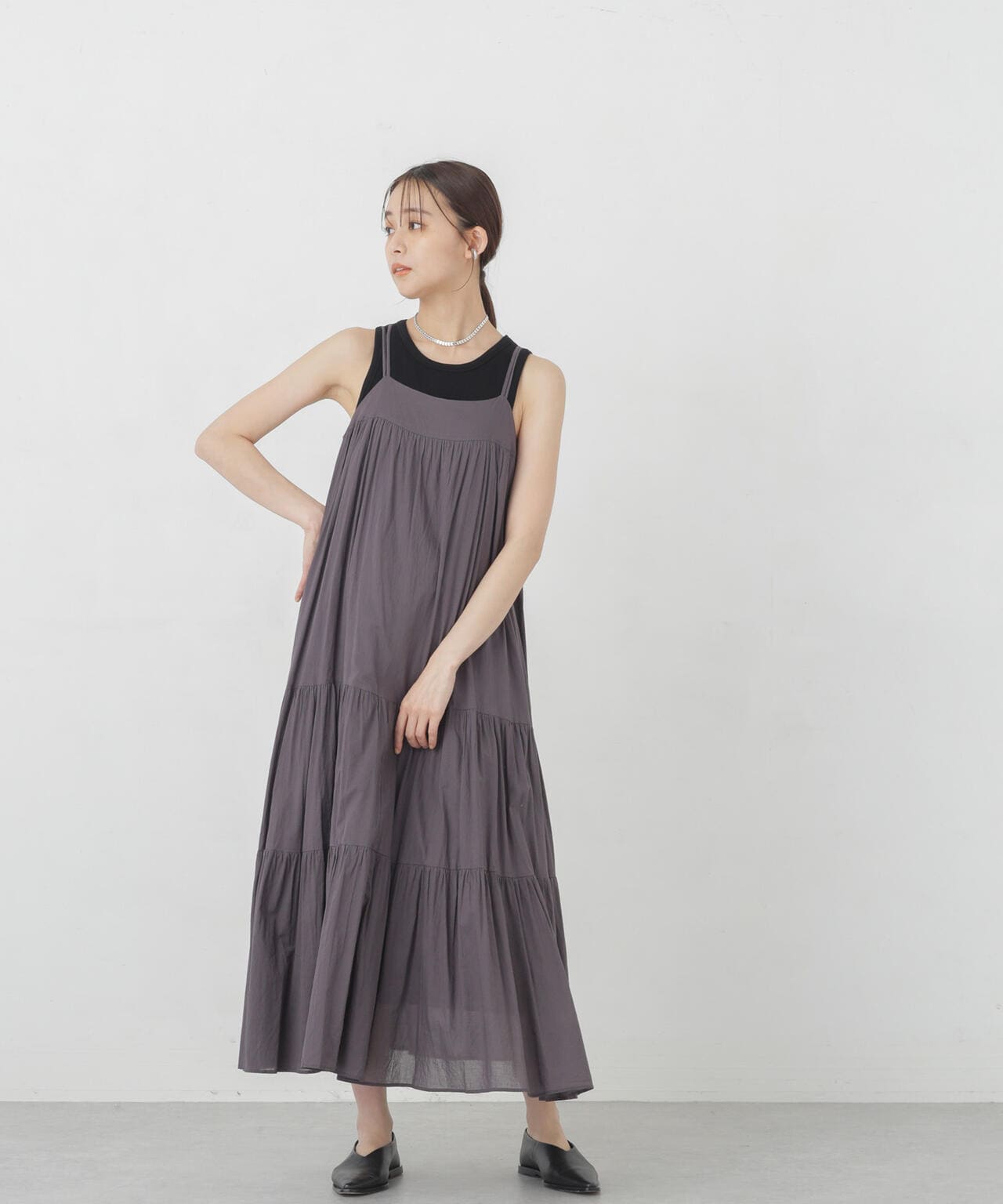 ナノユニバースLUSANA ゼブラカシュクールミモレ丈ティアードワンピース ナノユニバースLUSANA ゼブラカシュクールミモレ丈ティアード