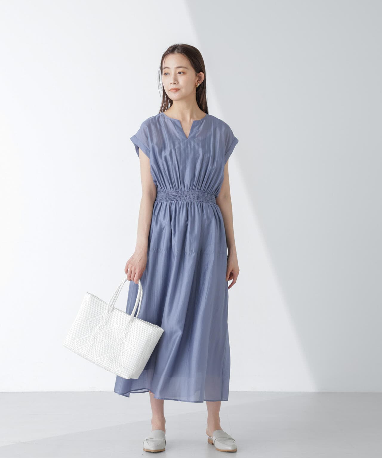 シアー サテン ウエスト シャーリング ワンピース