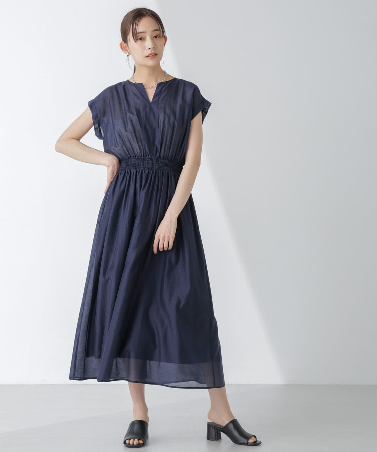 シアー サテン ウエスト シャーリング ワンピース