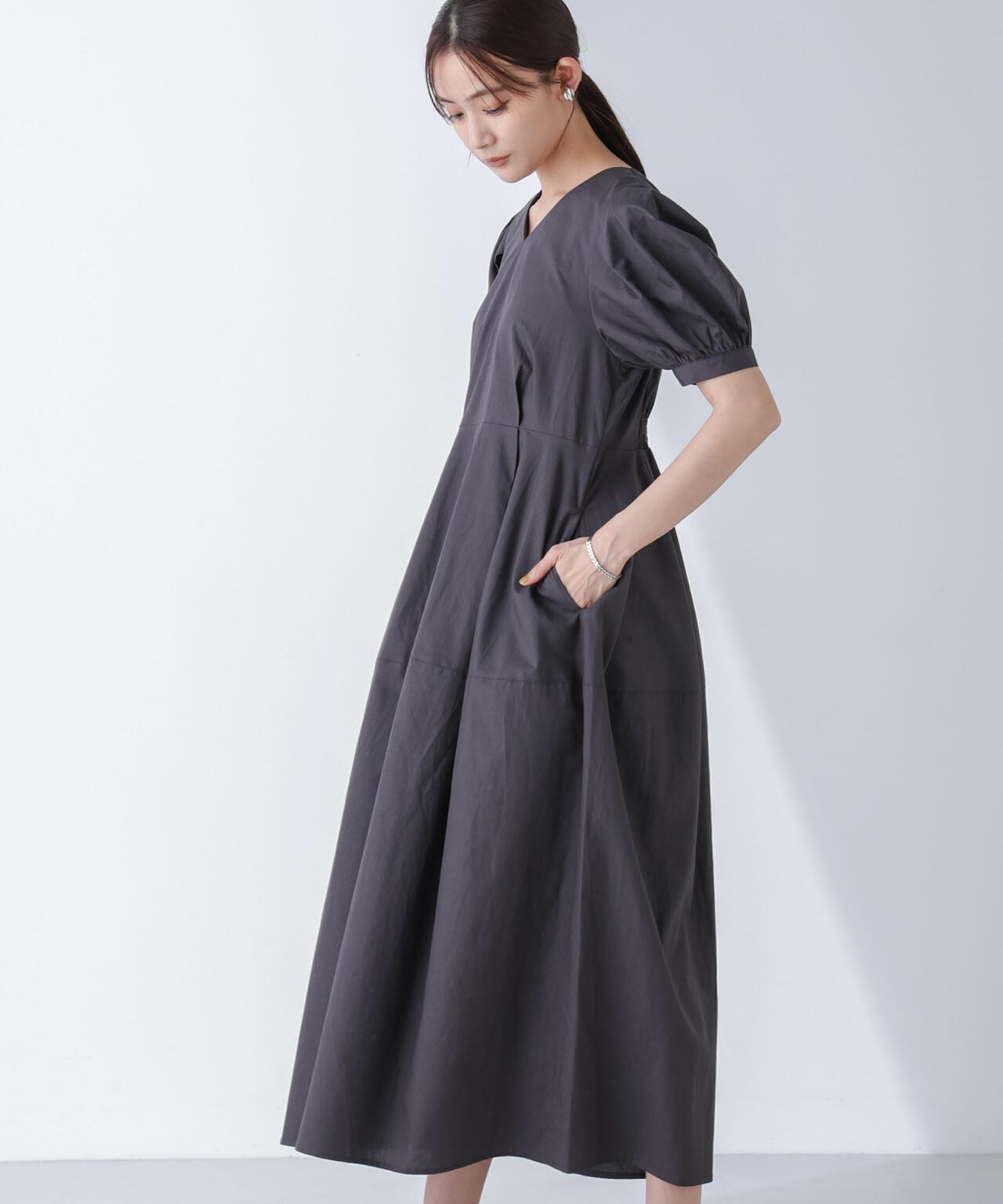リネンブレンドコクーン切り替えワンピース 6694219311