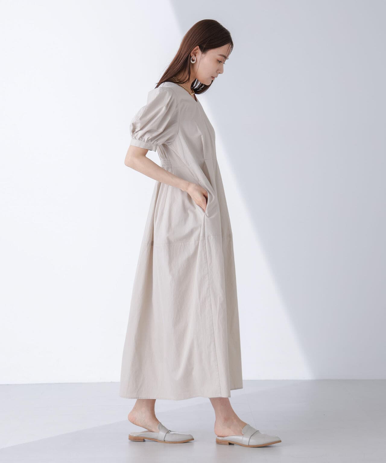 リネンブレンドコクーン切り替えワンピース 6694219311