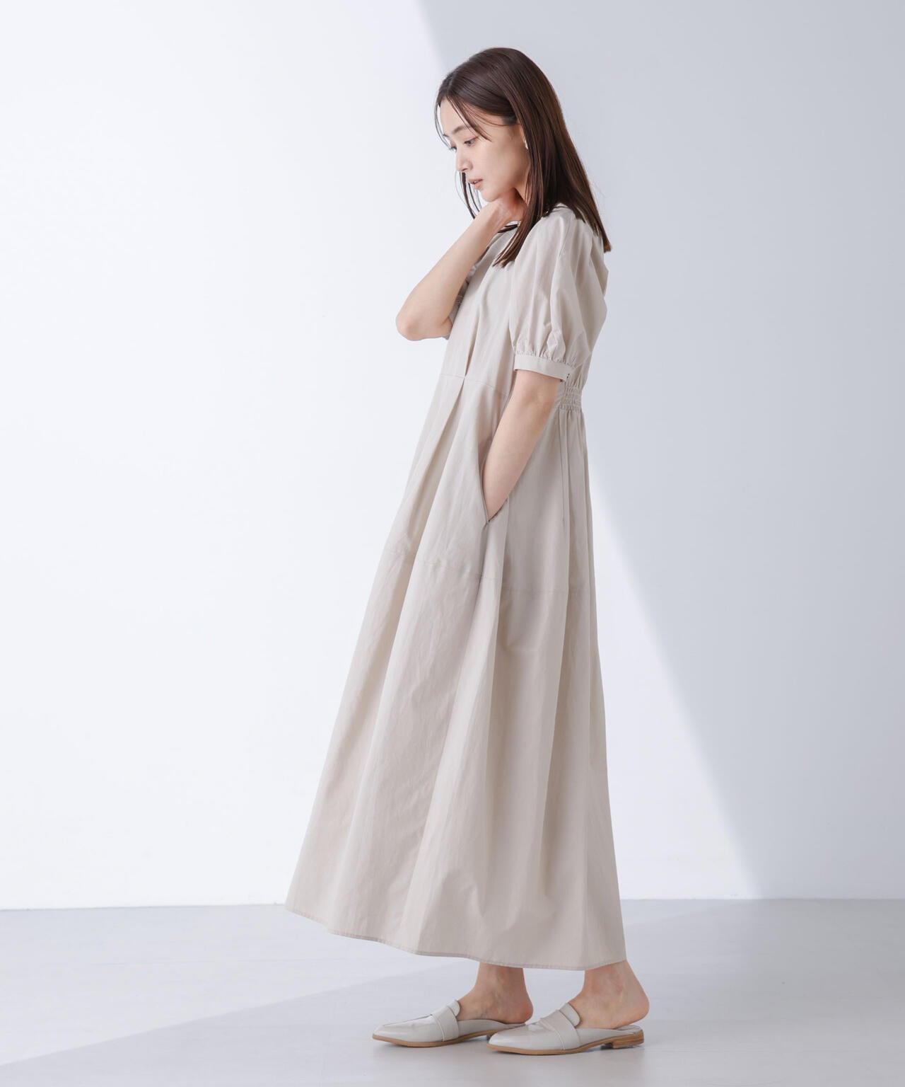 リネンブレンドコクーン切り替えワンピース 6694219311
