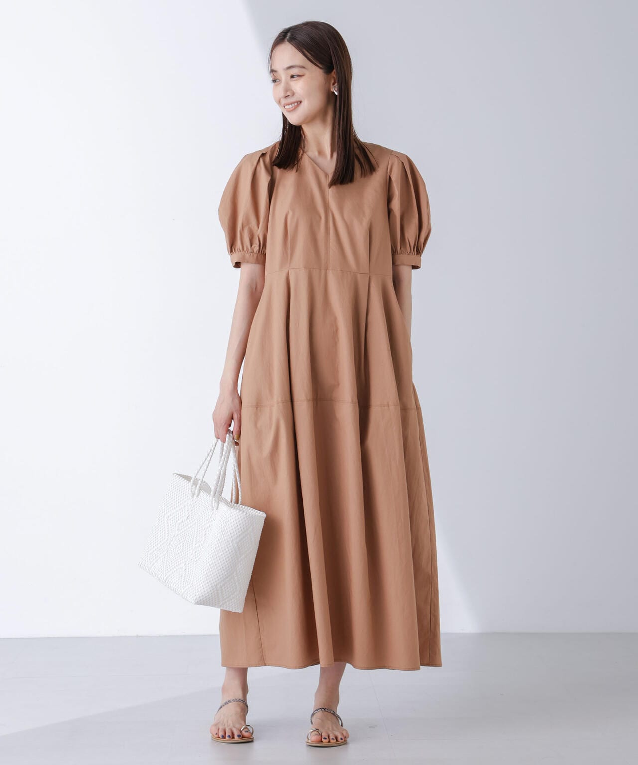 リネン ブレンド コクーン 切り替え ワンピース