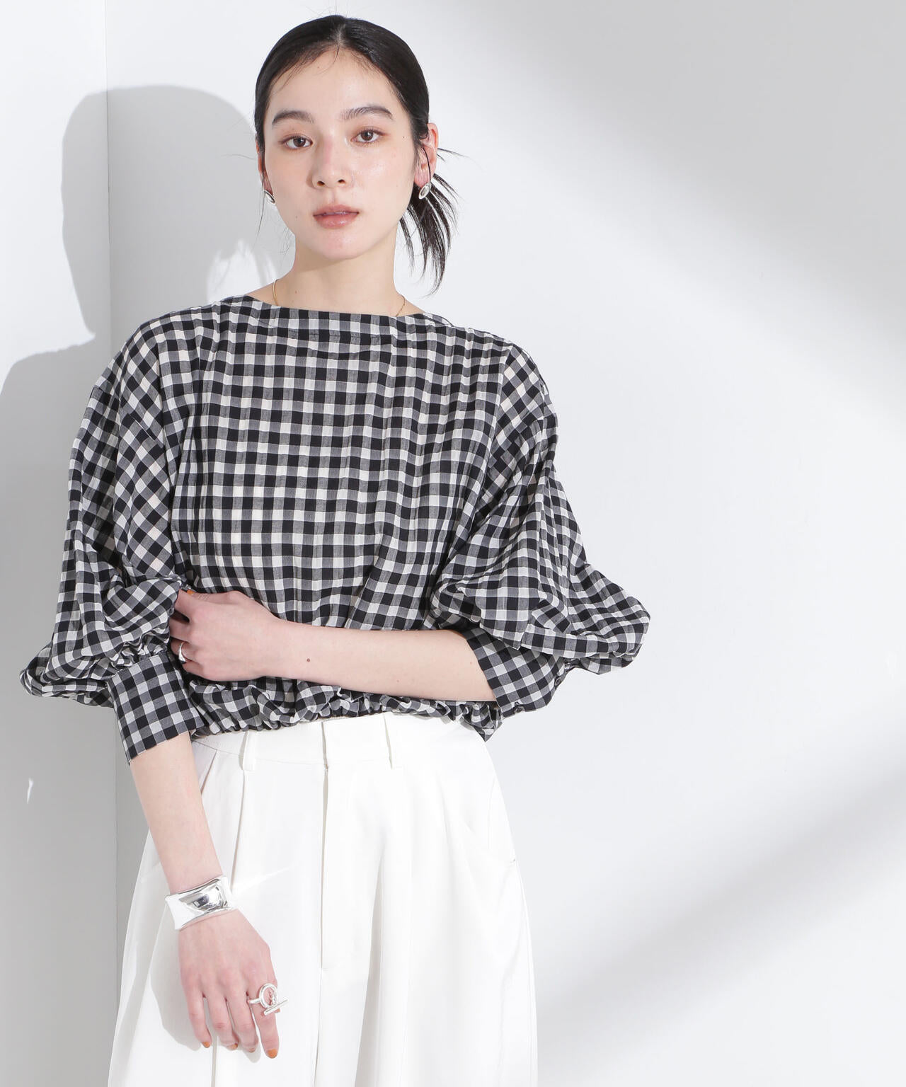 シアーチェックバックオープンバルーンブラウス 6695120314