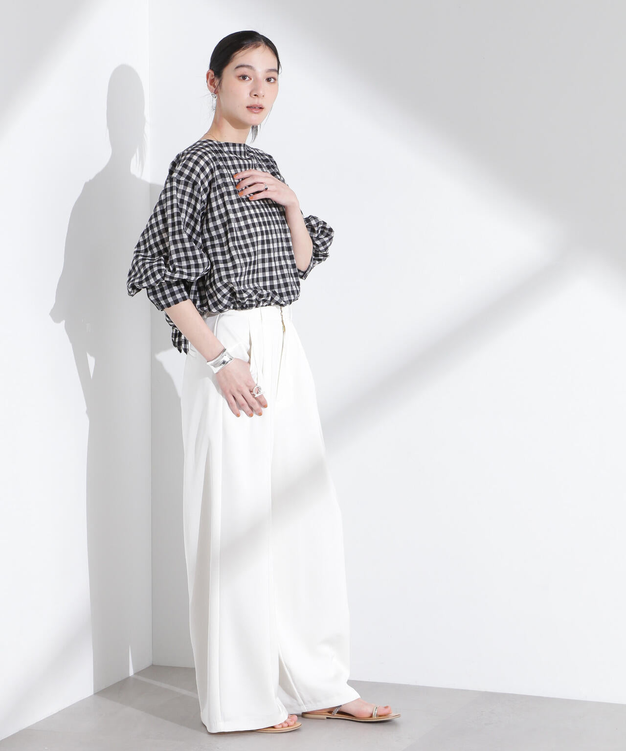 シアーチェックバックオープンバルーンブラウス 6695120314