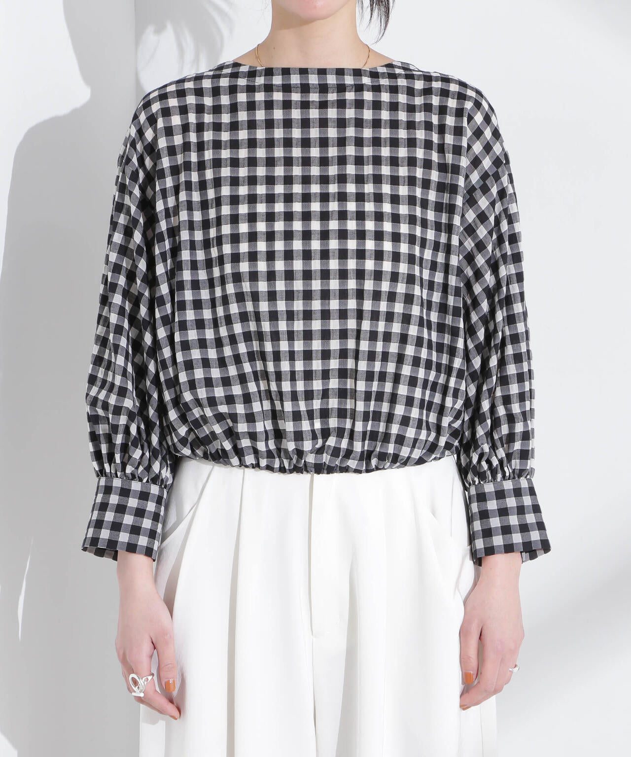 シアーチェックバックオープンバルーンブラウス 6695120314