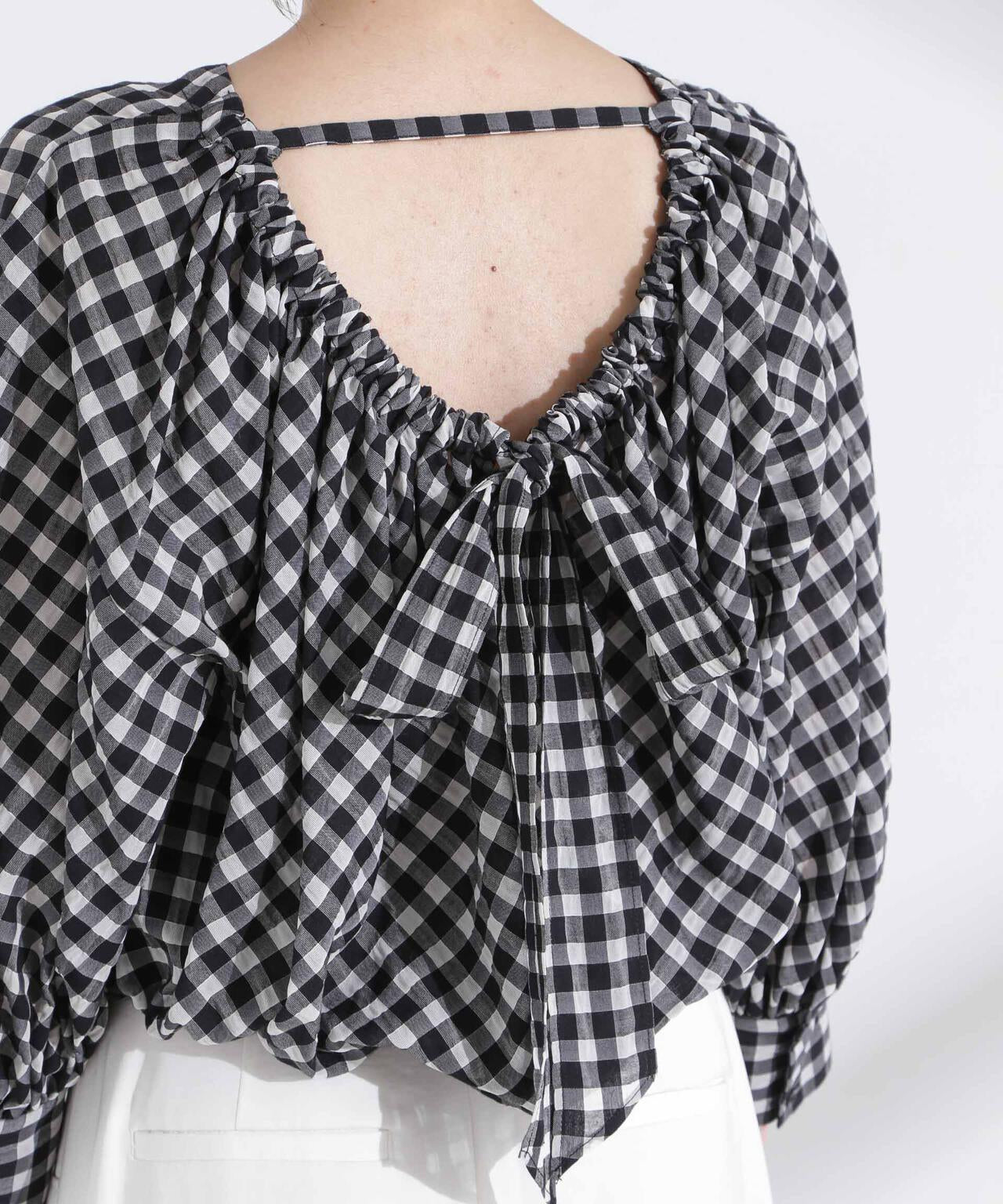 シアーチェックバックオープンバルーンブラウス 6695120314