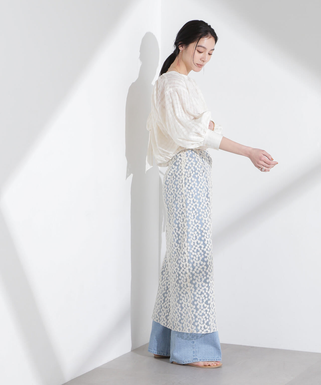 シアーチェックバックオープンバルーンブラウス 6695120314