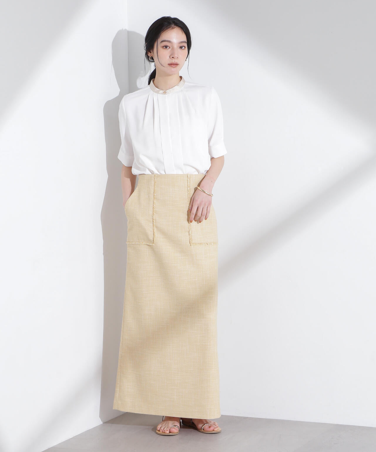 スタンドバイカラータックブラウス 半袖 6695121306