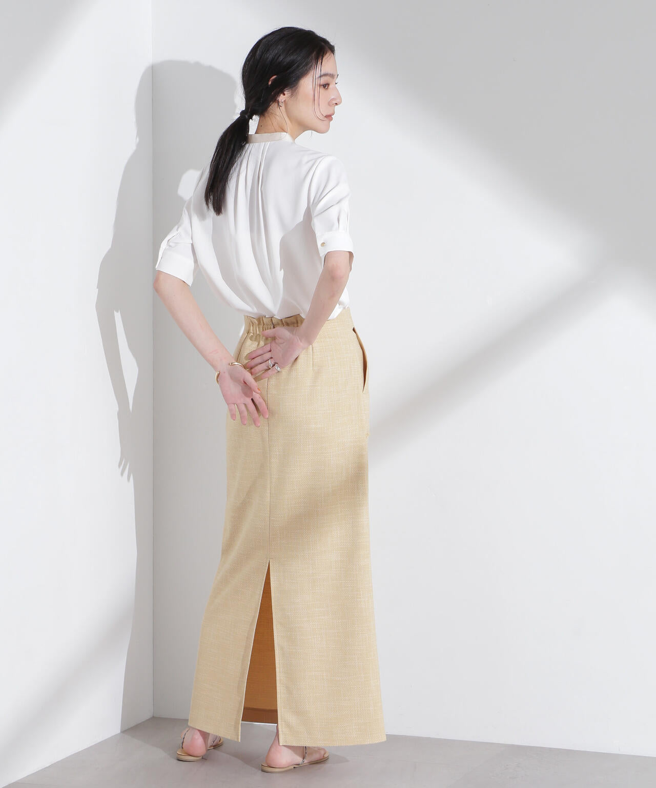 スタンドバイカラータックブラウス 半袖 6695121306