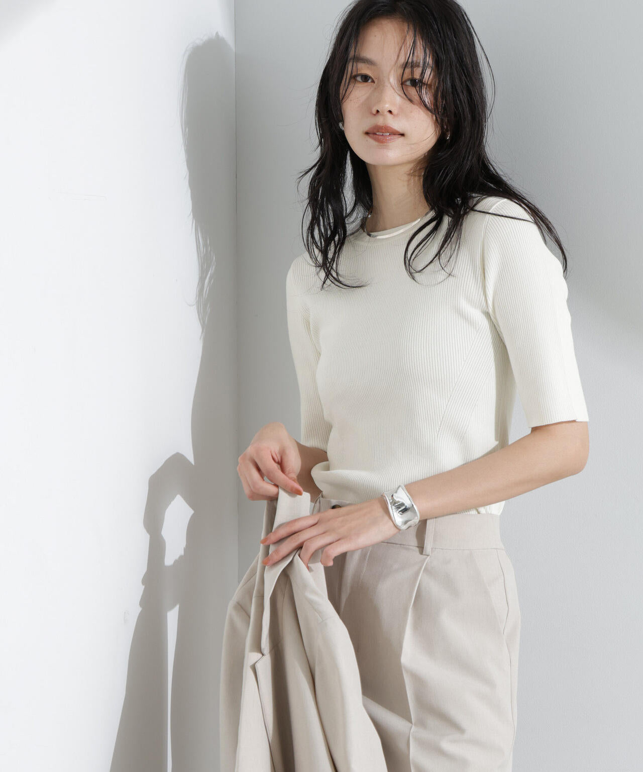 IENA ベージュ ポロニット 五分袖 F IENA ベージュ ポロニット 五分袖 F