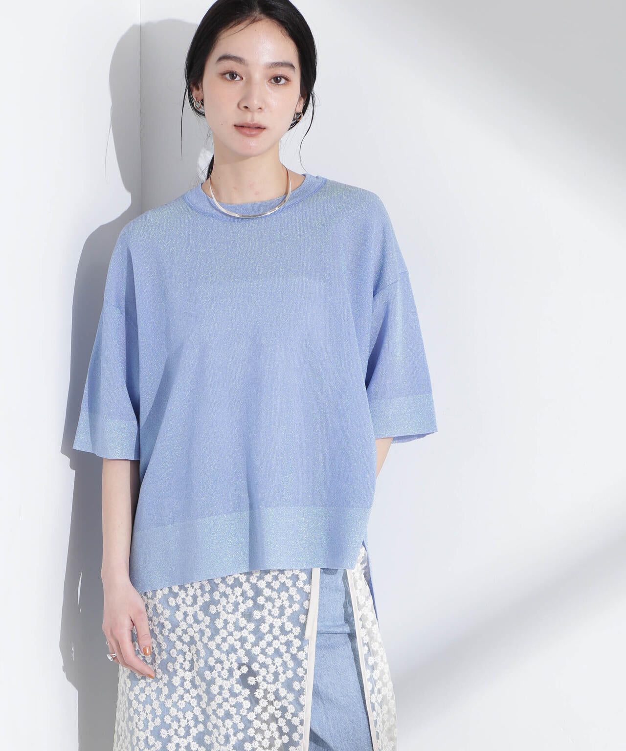 ニット セーター オーロララメシアースムースニットＴシャツ レディース オーロラ ラメ シアー スムース ニット Tシャツ