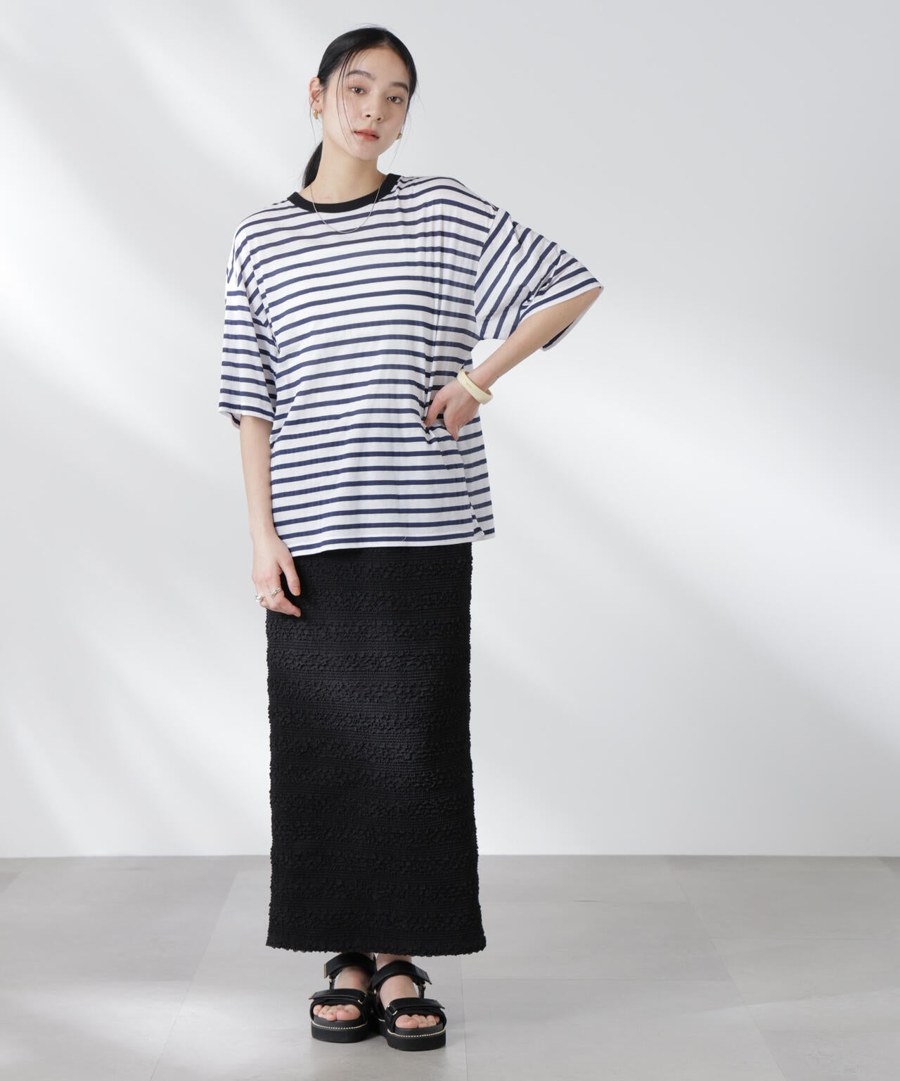 ボーダーシアーコットンTシャツ 6695124321