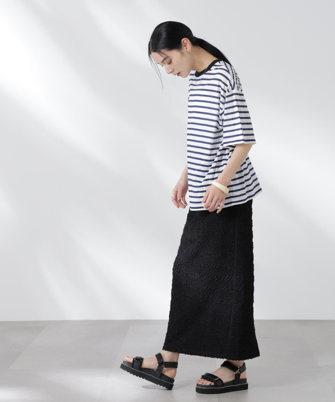 ボーダーシアーコットンTシャツ 6695124321