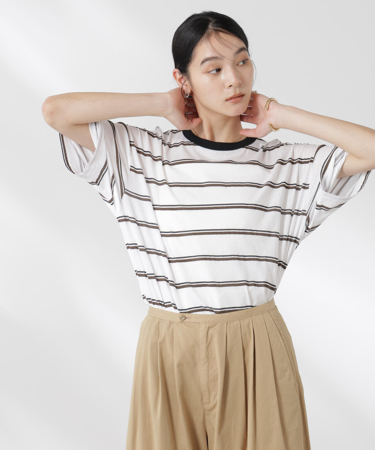 ボーダーシアーコットンTシャツ 6695124321