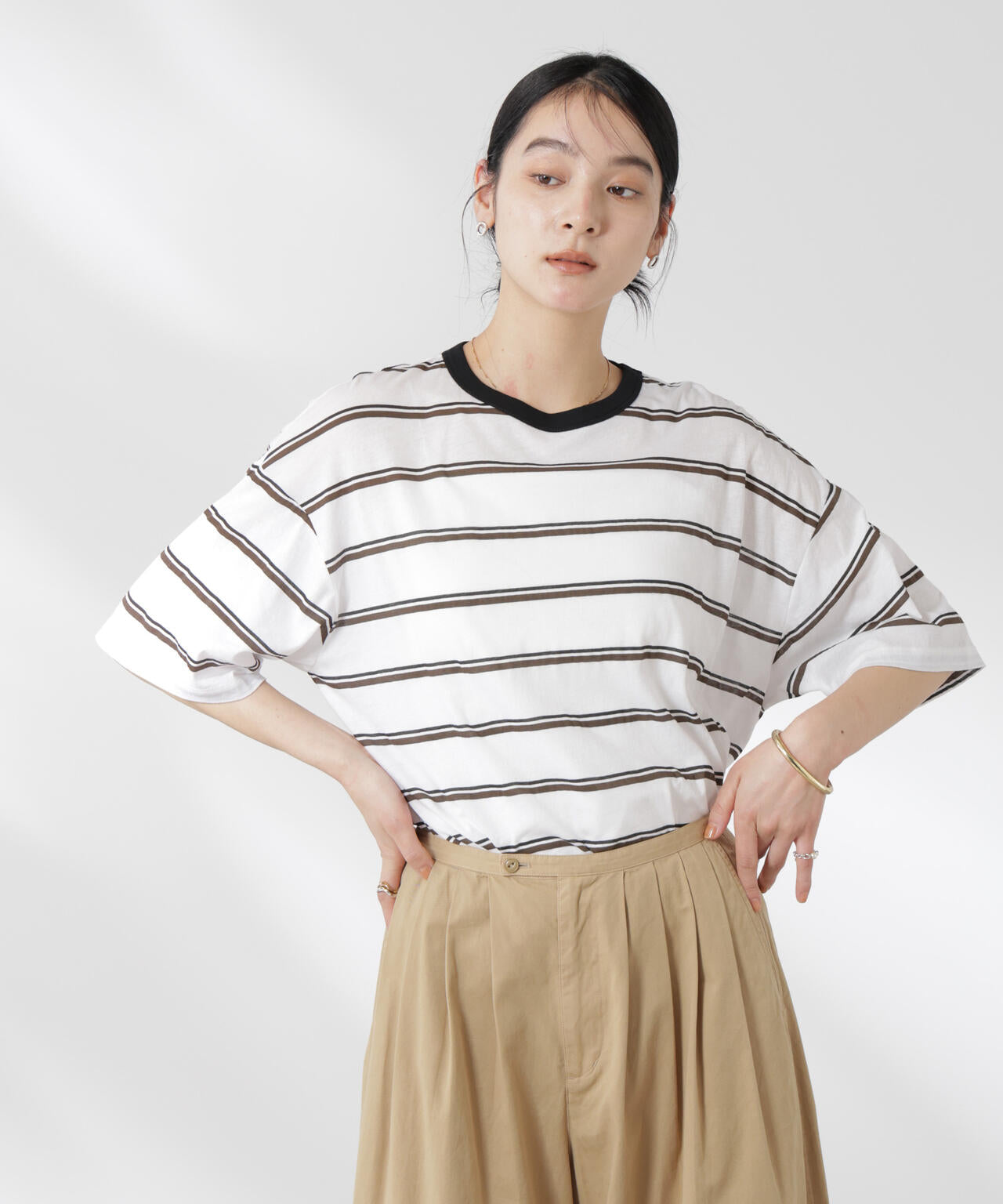 ボーダーシアーコットンTシャツ 6695124321