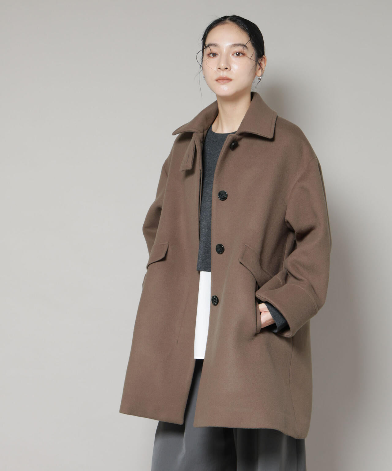 ぴっぴ❤︎【極美品】ROPE ロペ 2wayメルトン Aライン ミドルコート ROPE'（ロペ）の「【2way】ノーカラー/エコファー付け襟 メルトン A