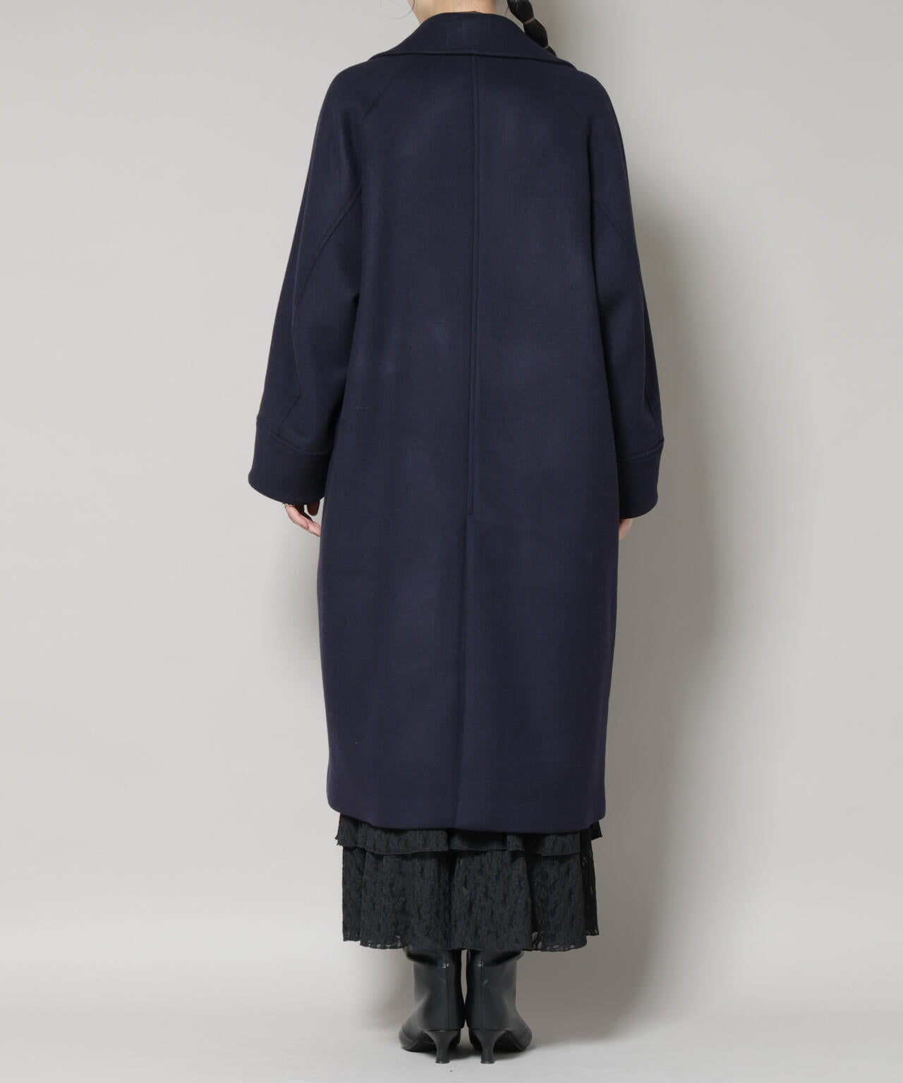 バーニーズニューヨーク ノーカラー ロングコート コクーン ウール ブルー M WooLoop コクーン ダブルコート