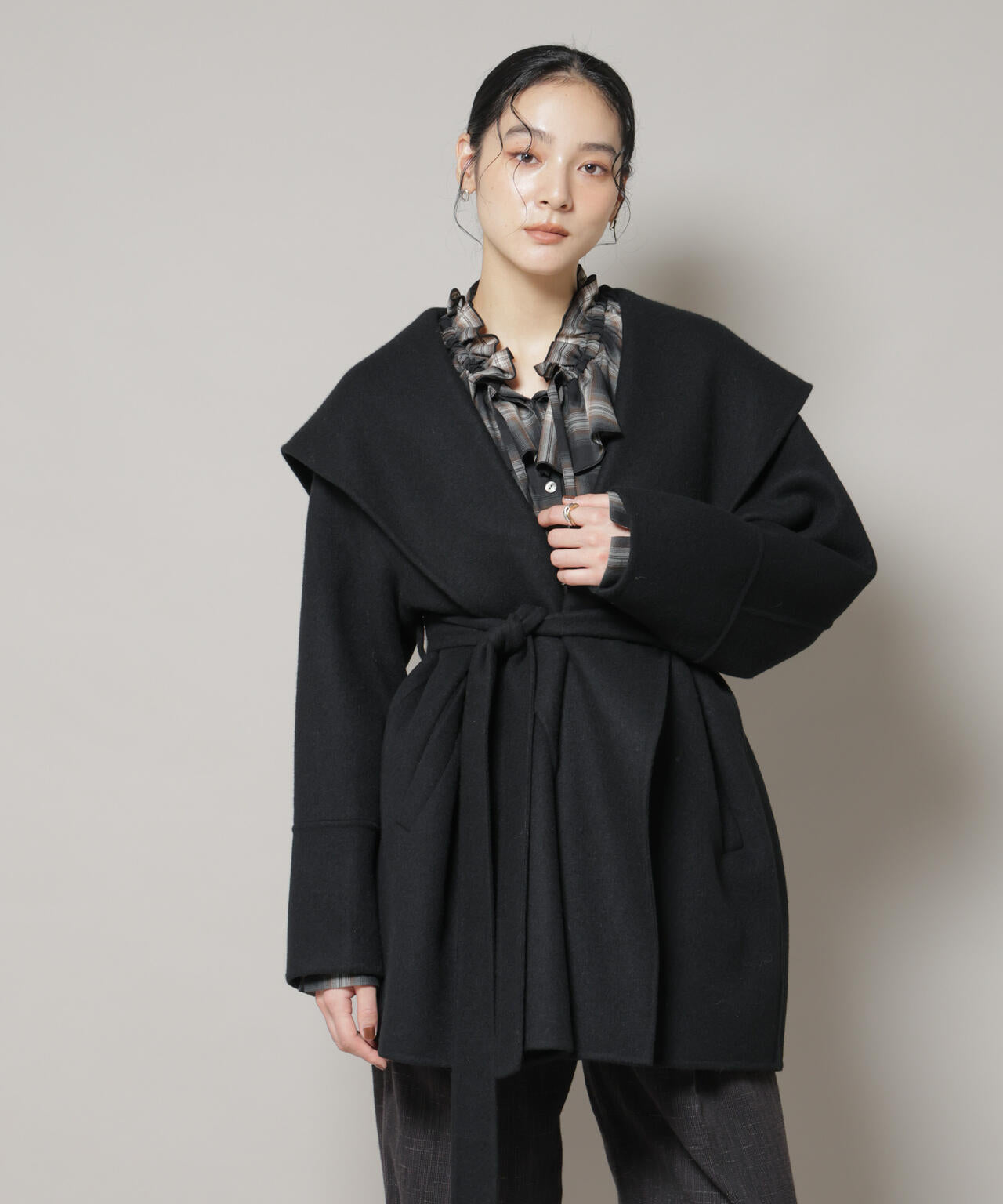 美品✨ロペ　4.6万　ショールカラー　リバーコート　ネイビー　36 ふっくら感 美品✨ロペ4.6万ショールカラーリバーコートネイビー36 ふっくら感