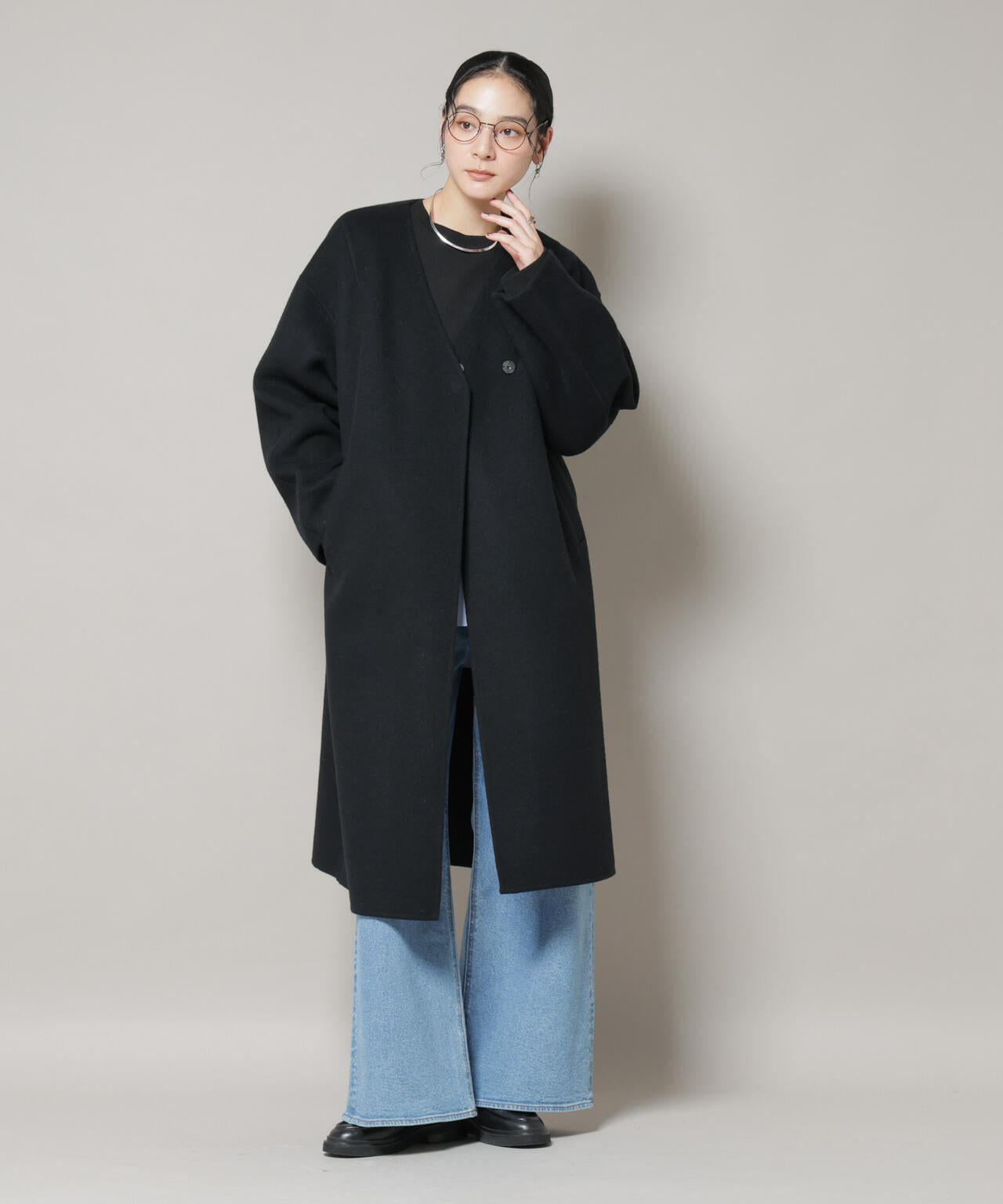 美品♡スーパービューティー　大きいサイズ　ノーカラースプリングコート　黒　44 美品♡スーパービューティー 大きいサイズ ノーカラースプリング