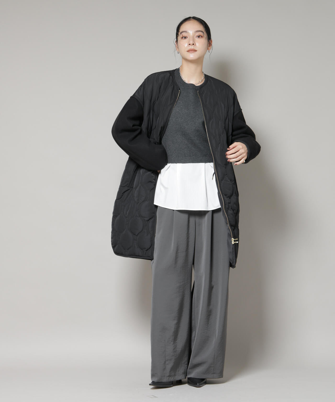 異素材コンビキルティングノーカラーコート 6695211305