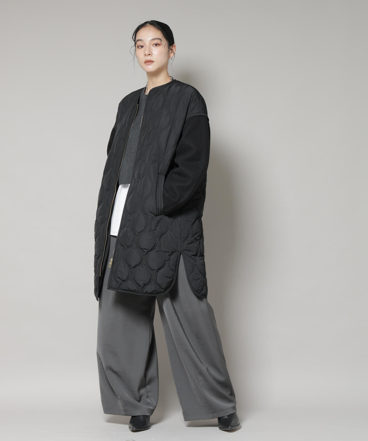 異素材 コンビ キルティング ノーカラーコート