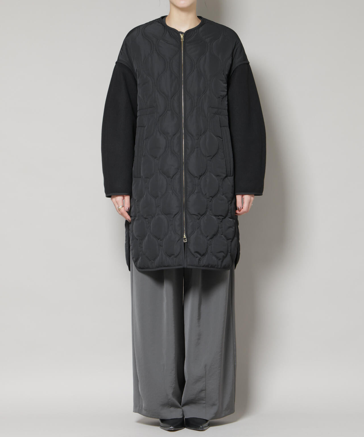 異素材 コンビ キルティング ノーカラーコート