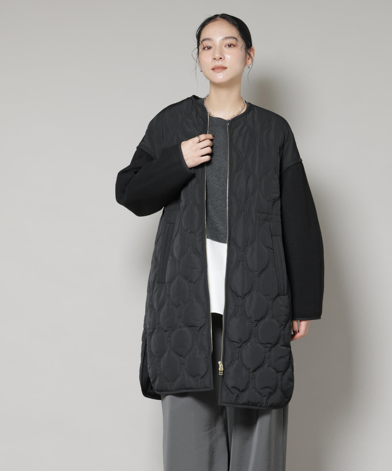 異素材 コンビ キルティング ノーカラーコート