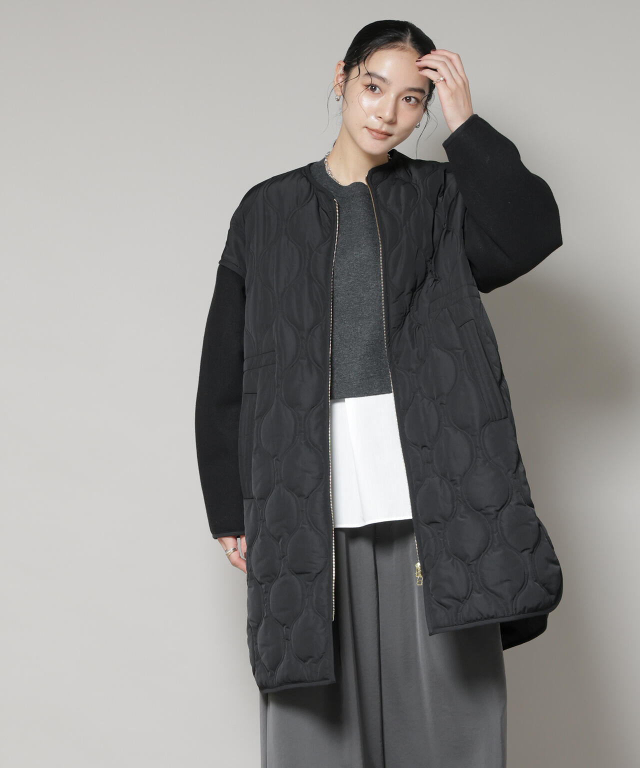 NAPRONの人気アイテム、軽くてあたたかいノーカラーのキルティングコート DAY CLOSET ノーカラーコート コート レディース 着映える異素材MIX
