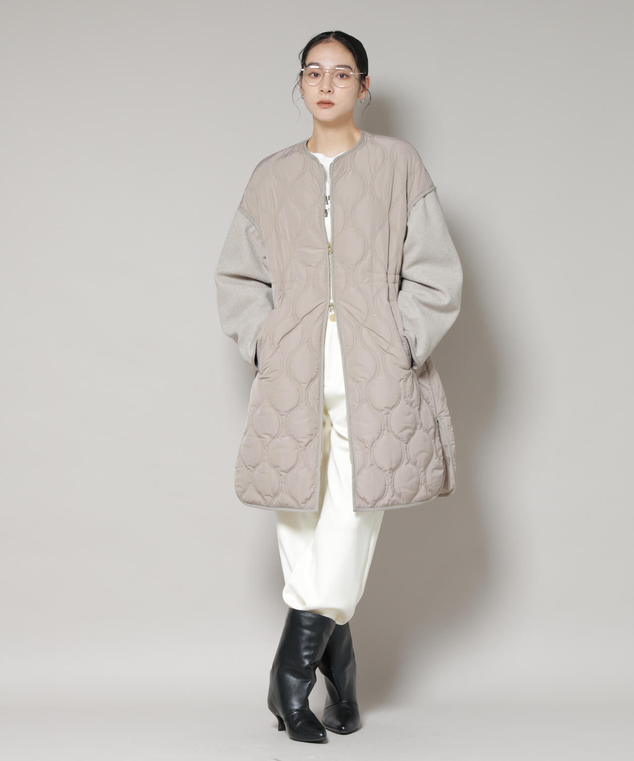 異素材コンビキルティングノーカラーコート 6695211305