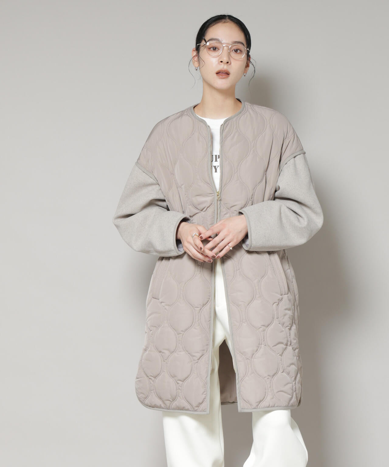 異素材 コンビ キルティング ノーカラーコート