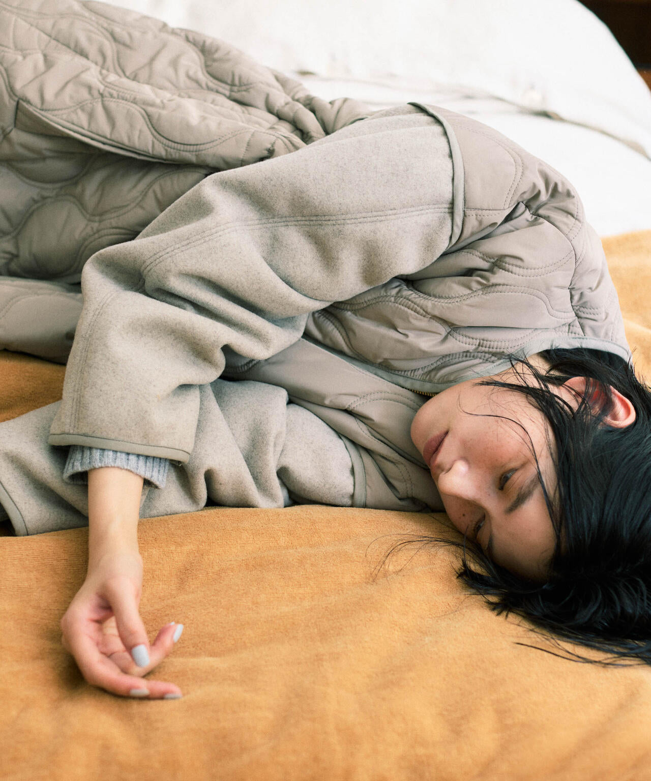 異素材 コンビ キルティング ノーカラーコート