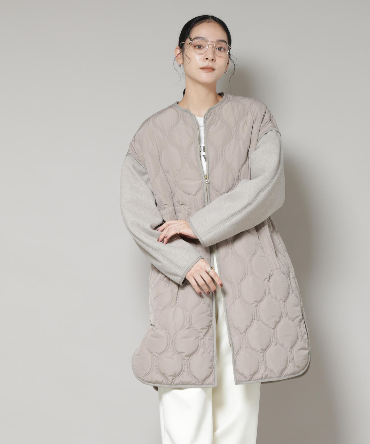 異素材コンビキルティングノーカラーコート 6695211305