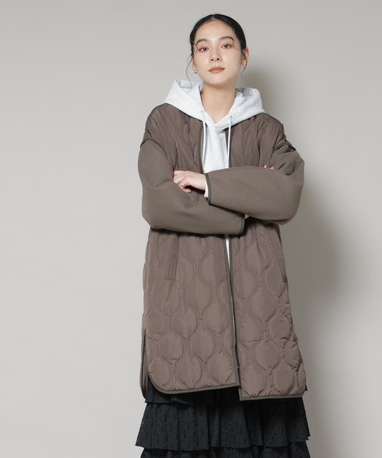 異素材 コンビ キルティング ノーカラーコート