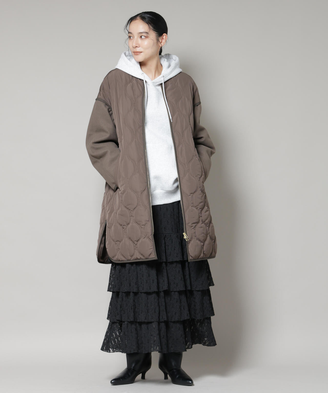 異素材 コンビ キルティング ノーカラーコート
