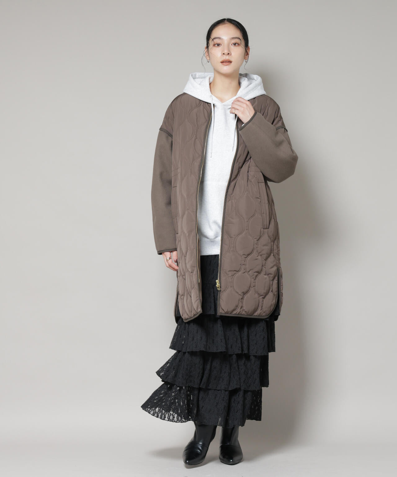 異素材コンビキルティングノーカラーコート 6695211305