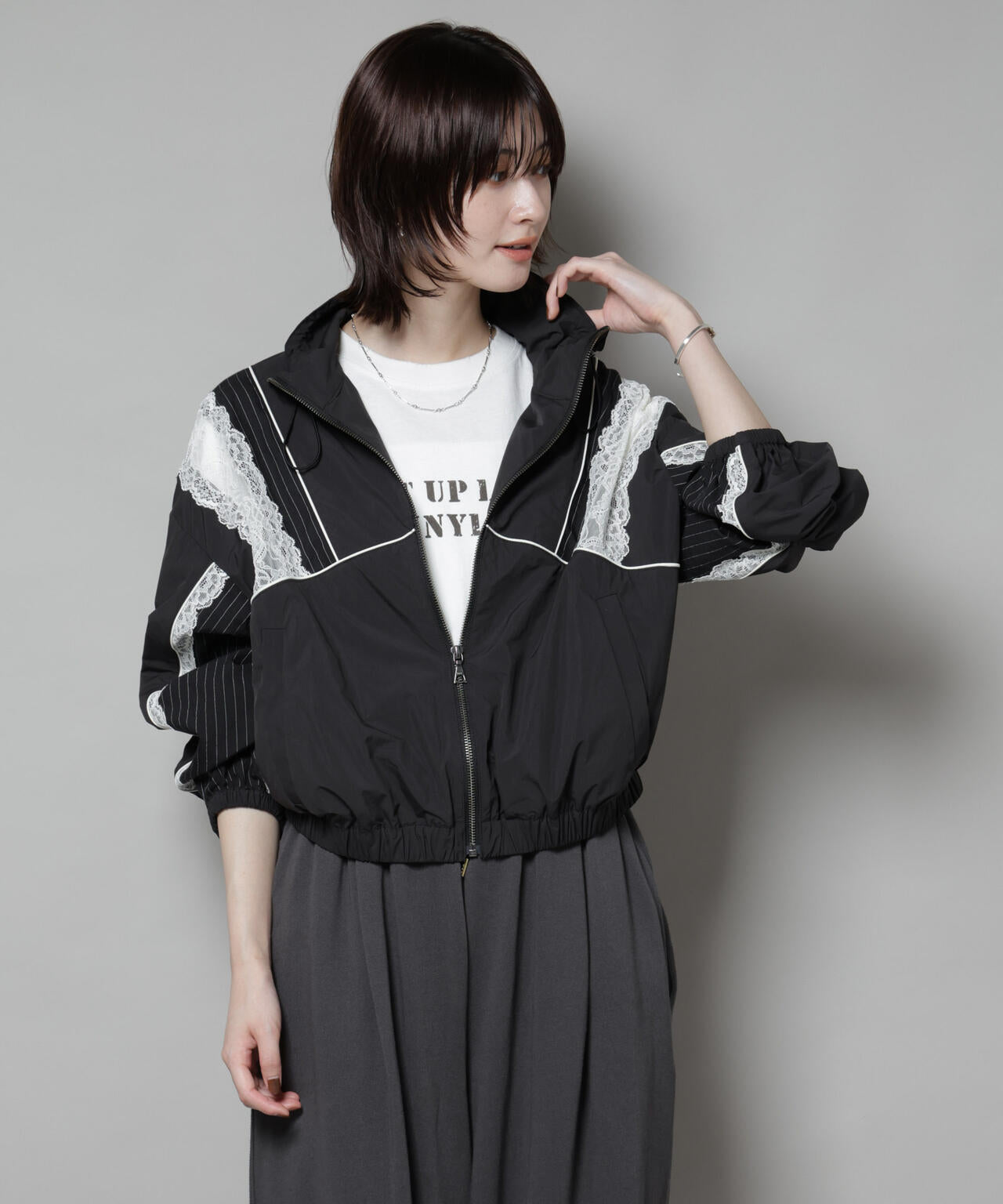 レース×ストライプ切替ナイロンブルゾン
