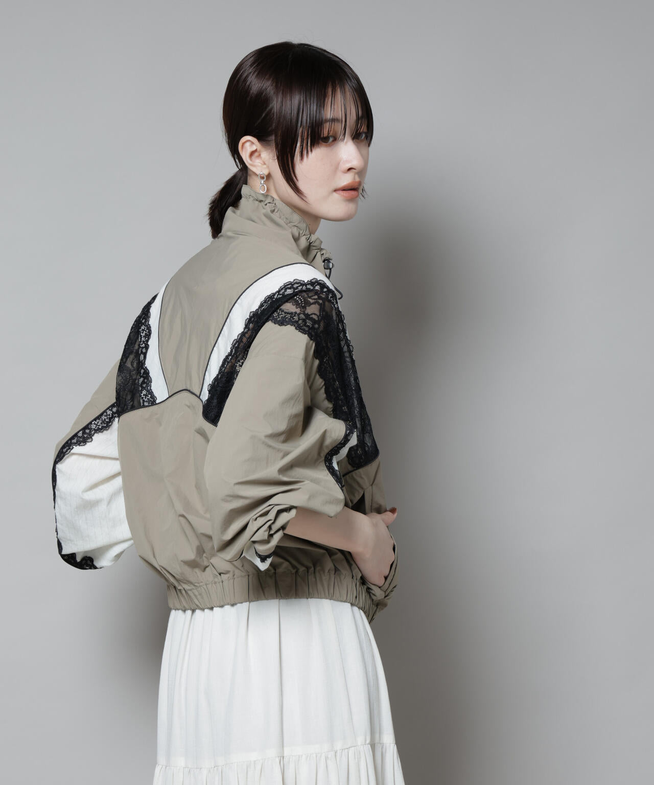 レース × ストライプ 切替 ナイロン ブルゾン