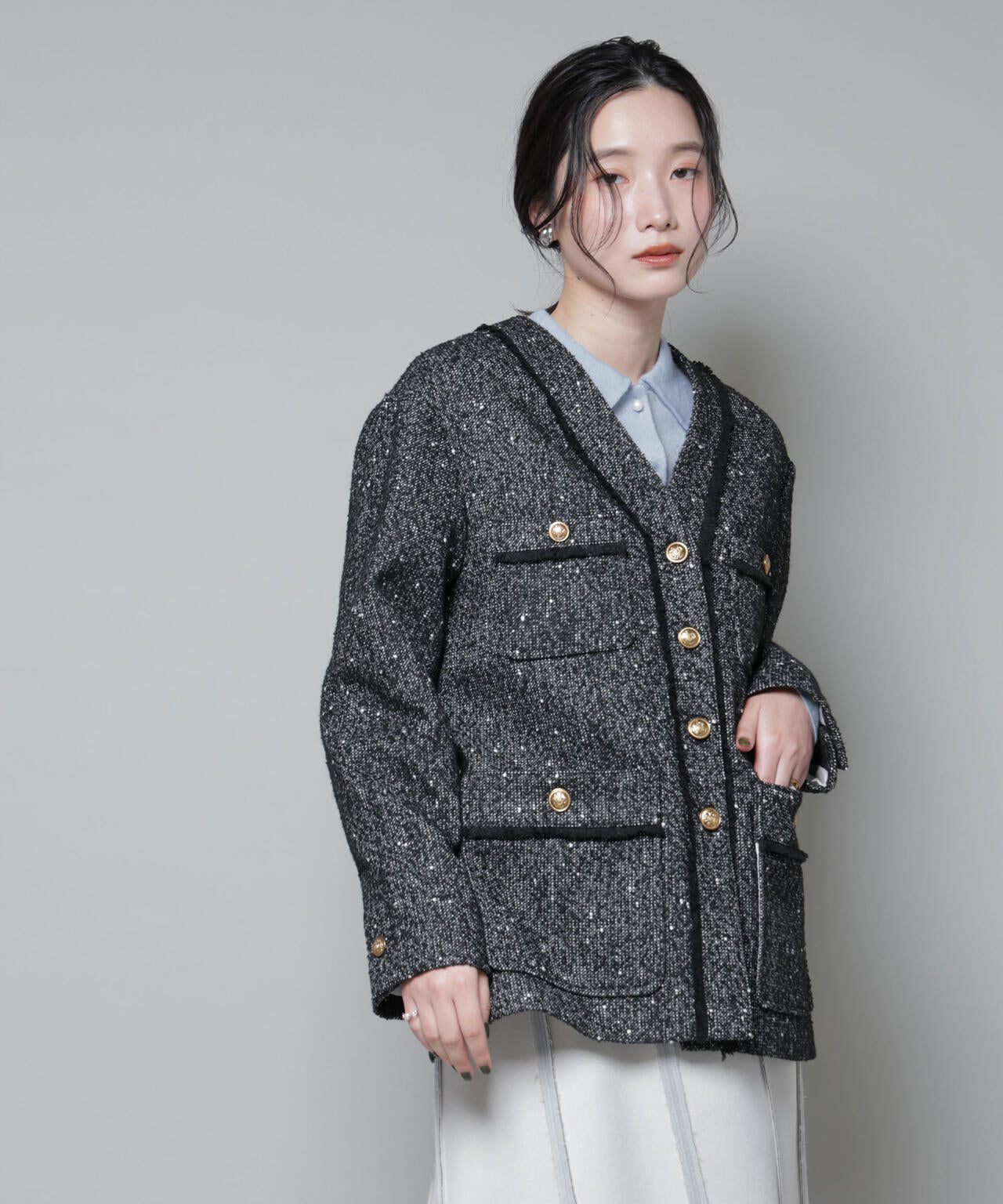 ネップツイード ノーカラージャケット