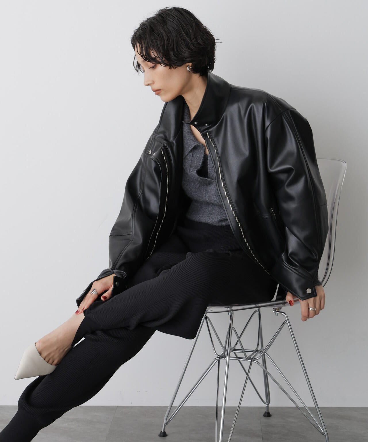 「STEVELOUR」スタンドフェイクレザージップブルゾン 6695216311