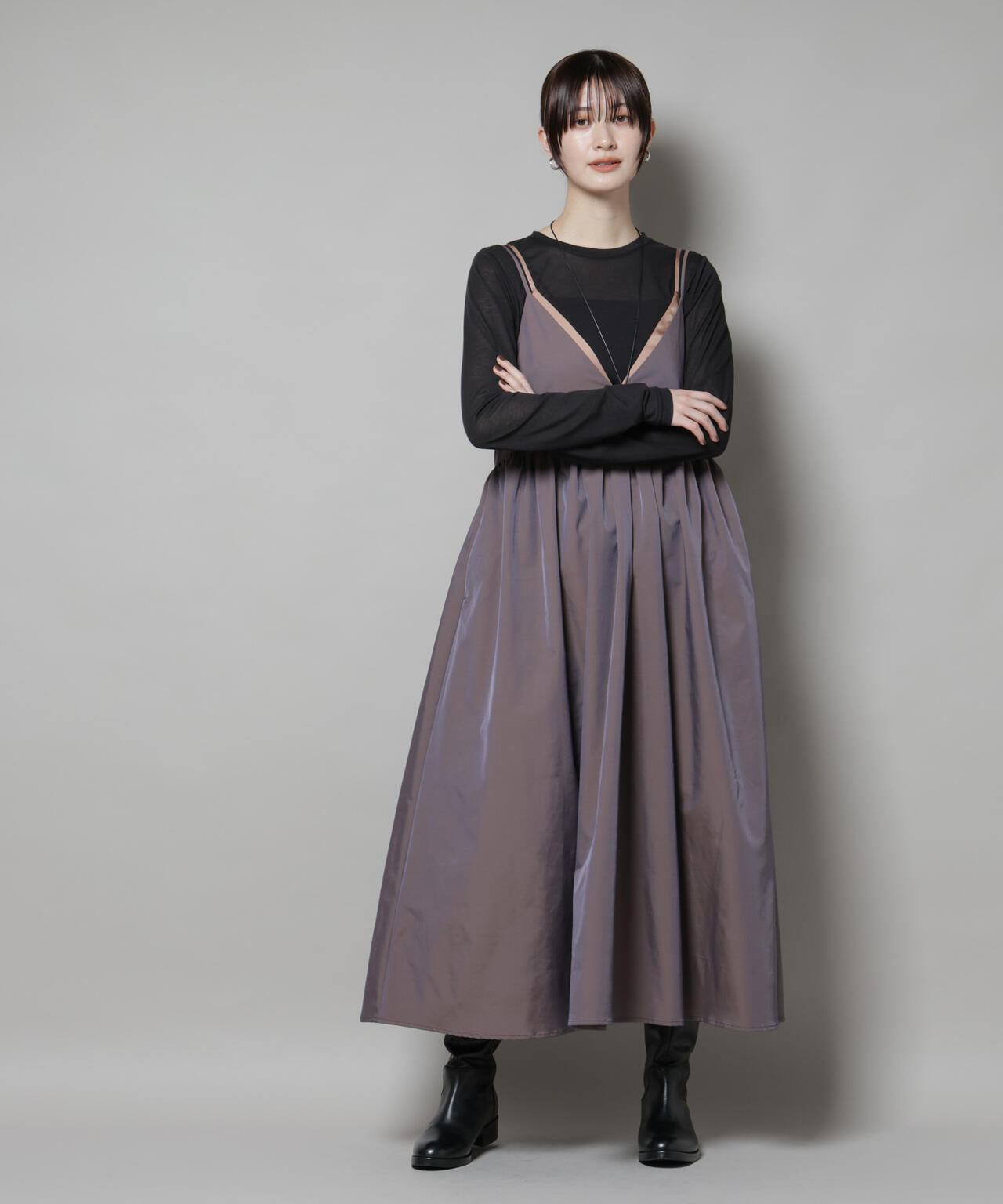 シャンブレータフタ キャミ レイヤード ワンピース