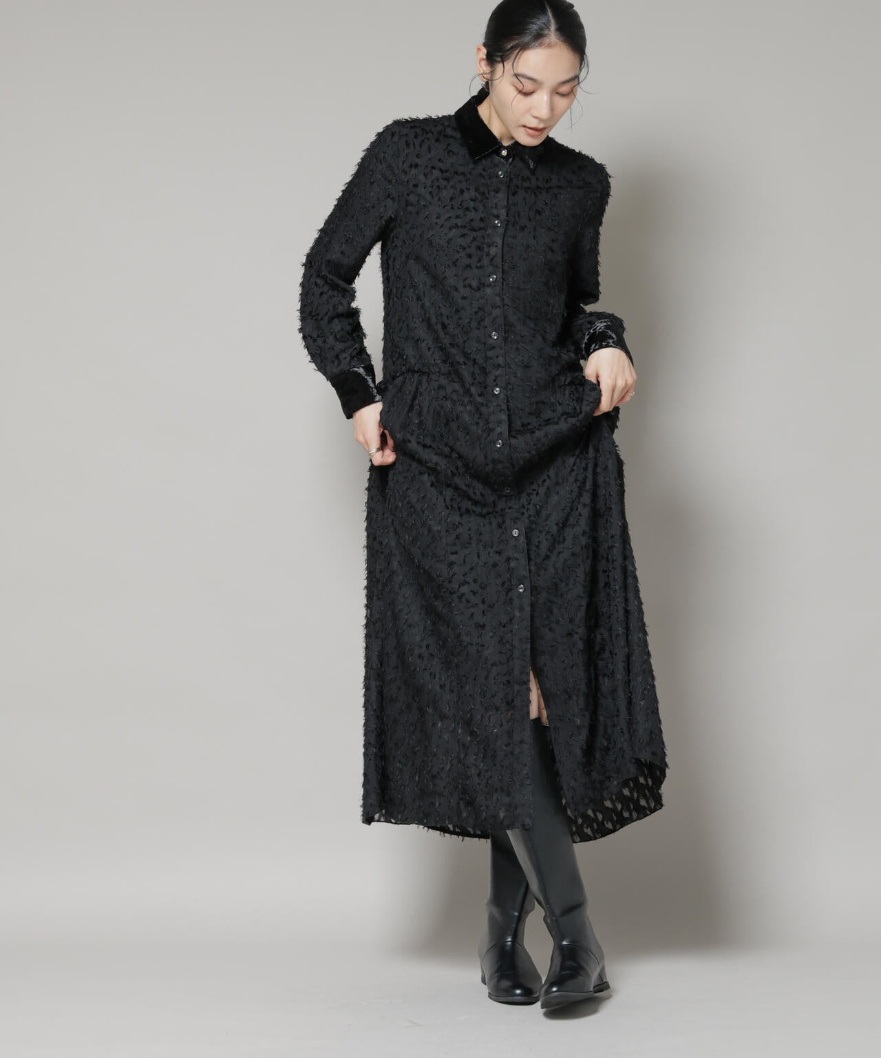 フリンジジャガードナローシャツワンピース 6695219326